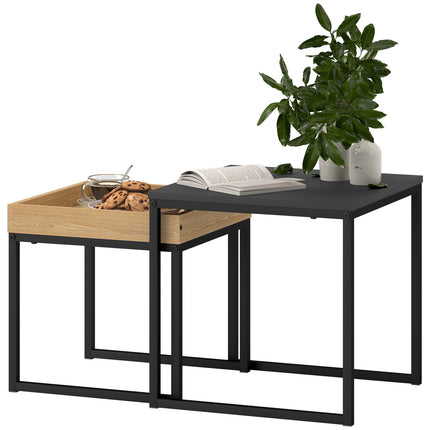 Square coffee tables, steel frame, black and oak, set of 2