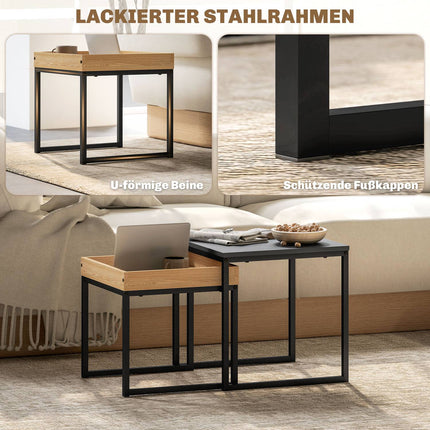 Square coffee tables, steel frame, black and oak, set of 2