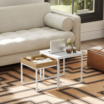 Square Coffee Table Set - White & Oak, Steel Frame, 30 kg Capacity