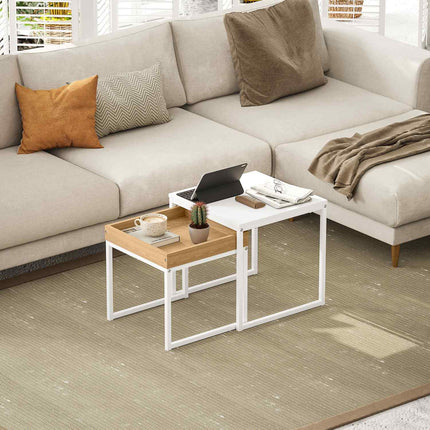 Square Coffee Table Set - White & Oak, Steel Frame, 30 kg Capacity