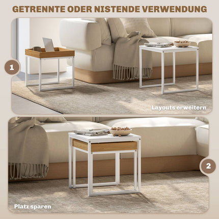 Square Coffee Table Set - White & Oak, Steel Frame, 30 kg Capacity