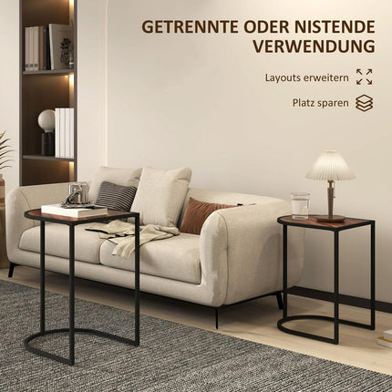 Square coffee tables with steel frame, set of 2, brown and black