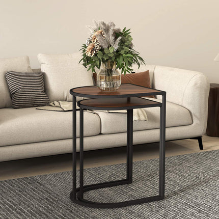 Square coffee tables with steel frame, set of 2, brown and black
