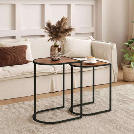Square coffee tables with steel frame, set of 2, brown and black