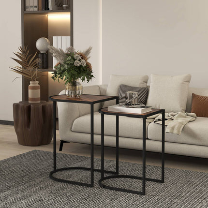 Square coffee tables with steel frame, set of 2, brown and black