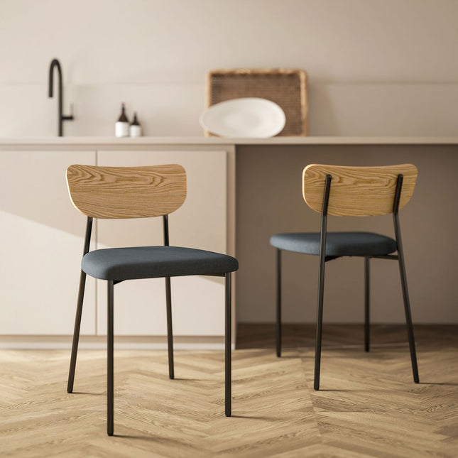 Set van 2 eetkamerstoelen, linnenlook, armloos design, metalen poten, grijs