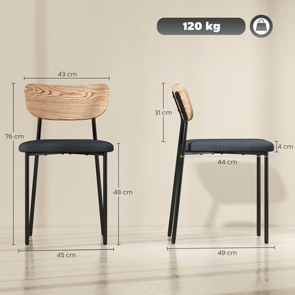Set of 2 dining chairs, linen look, armless design, metal legs, grey