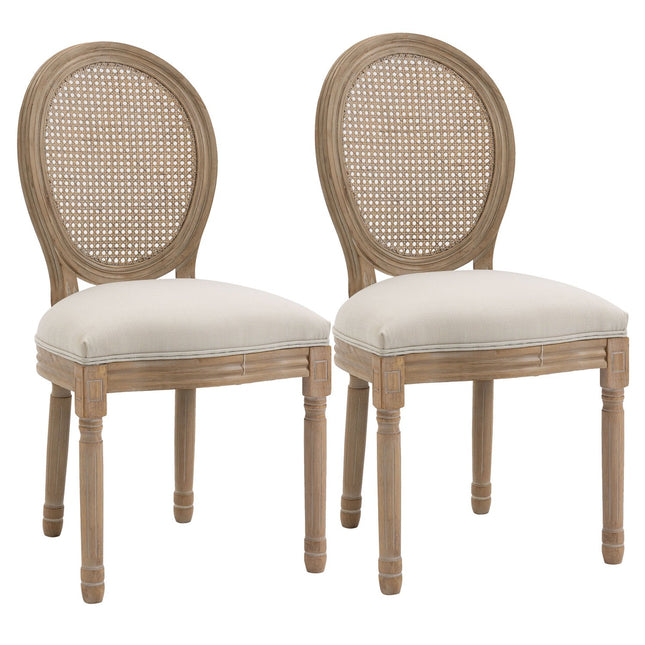 Vintage upholstered dining chairs with rattan backs, set of 2