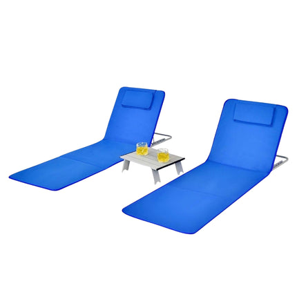 Set of 2 foldable beach mats with 2 lounge chairs and side table 151 x 55.5 x 27-47 Blue