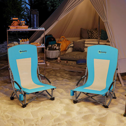 Set of 2 folding camping chairs with cup holder and mesh backrest up to 120 kg, blue