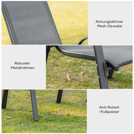 Set van 2 tuinstoelen stapelstoelen met armleuningen metaalgaas stof grijs 70x54x90cm voor terras- en tuinmeubelen