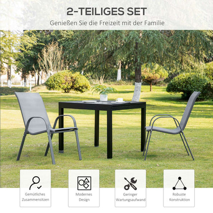 Set van 2 tuinstoelen stapelstoelen met armleuningen metaalgaas stof grijs 70x54x90cm voor terras- en tuinmeubelen