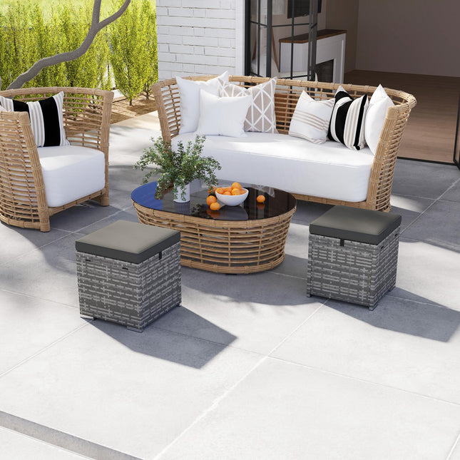 Set van 2 rotan krukken met rotan look, opbergruimte, kussendeksel, 120 kg, draagvermogen, weerbestendig, tuinkruk, voetenbank, tuinmeubelen voor buitentuin, terras, 40 x 40 x 41 cm, donkergrijs Aosom