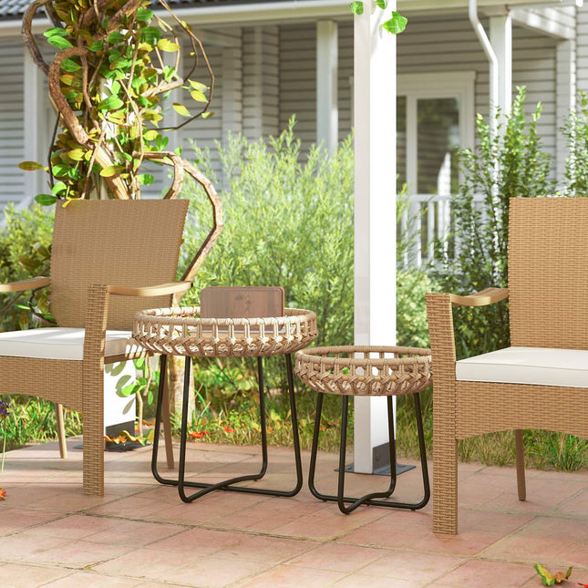 Round outdoor coffee tables in poly rattan - weatherproof, adjustable