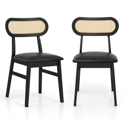 Set of 2 wooden dining chairs with black padded seat