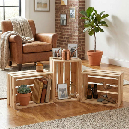 Set of 3 Stackable Pine Wooden Crates, 25x40x30 cm