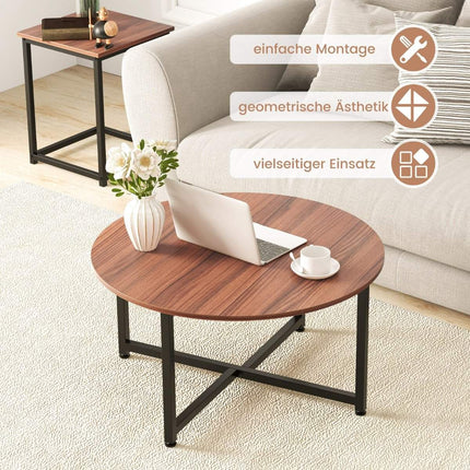Set of 3 coffee tables with robust metal frame, round coffee table and 2 square side tables, brown
