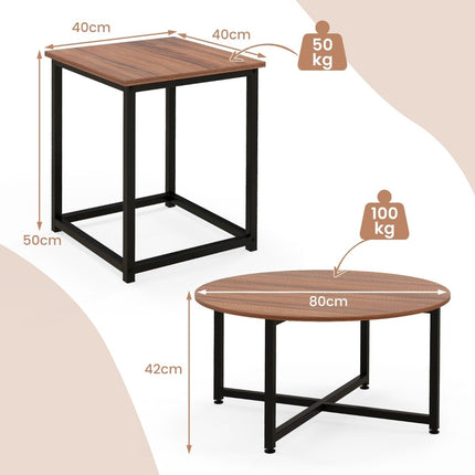 Set of 3 coffee tables with robust metal frame, round coffee table and 2 square side tables, brown