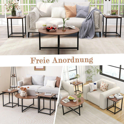 Set of 3 coffee tables with robust metal frame, round coffee table and 2 square side tables, brown
