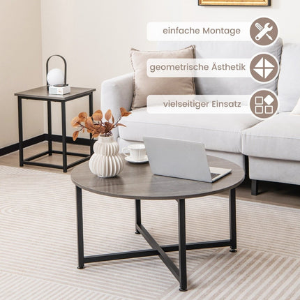 Set of 3 coffee tables with robust metal frame, round coffee table and 2 square side tables, grey