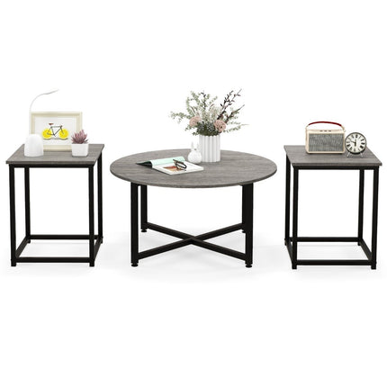 Set of 3 coffee tables with robust metal frame, round coffee table and 2 square side tables, grey