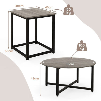 Set of 3 coffee tables with robust metal frame, round coffee table and 2 square side tables, grey