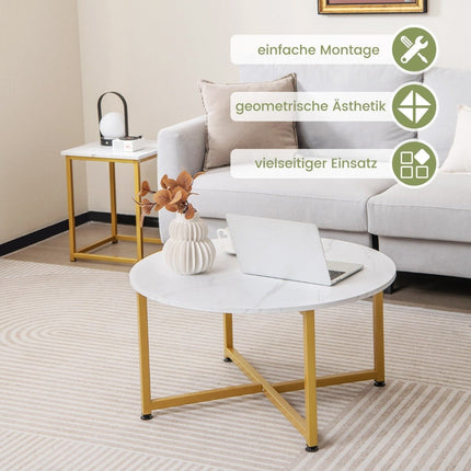 Set of 3 coffee tables with robust metal frame, round coffee table and 2 square side tables, white