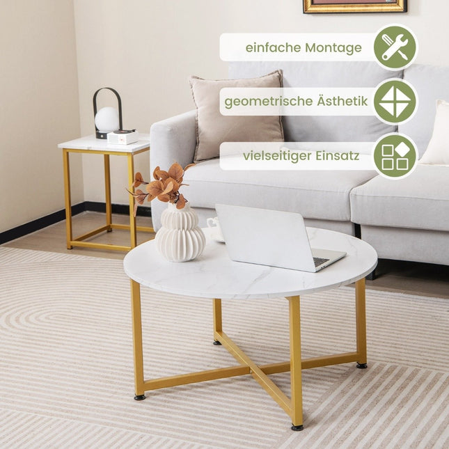 Set of 3 coffee tables with robust metal frame, round coffee table and 2 square side tables, white