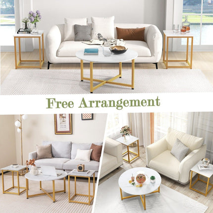 Set of 3 coffee tables with robust metal frame, round coffee table and 2 square side tables, white