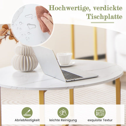 Set of 3 coffee tables with robust metal frame, round coffee table and 2 square side tables, white