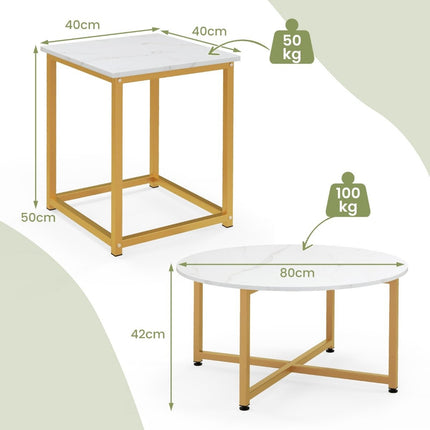 Set of 3 coffee tables with robust metal frame, round coffee table and 2 square side tables, white