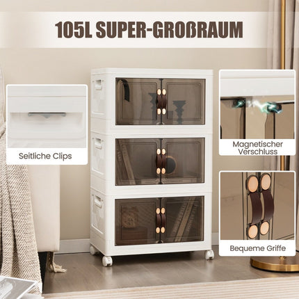 Set of 3 stackable storage boxes with lids & wheels & doors 49.5 x 31.5 x 86 cm