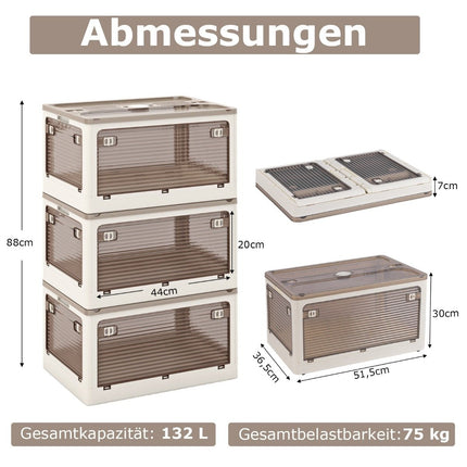Set of 3 storage boxes with lids on wheels. Foldable stacking boxes accessible from 5 sides. 132 liters