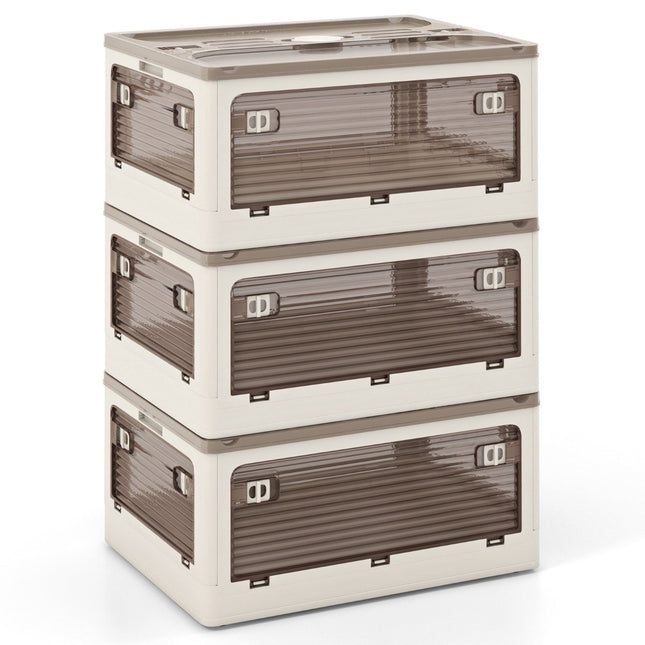 Set of 3 storage boxes with lids on wheels Foldable stacking boxes accessible from 5 sides 90 liters