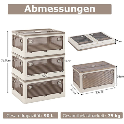 Set of 3 storage boxes with lids on wheels Foldable stacking boxes accessible from 5 sides 90 liters