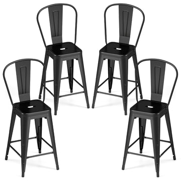 Set of 4 Black Metal Bar Stools with Backrests