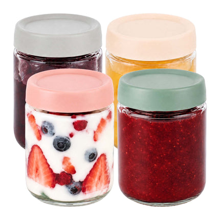 Set of 4 Glass Jam Jars, 450 ml, Pastel Lids