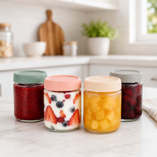 Set of 4 Glass Jam Jars, 450 ml, Pastel Lids