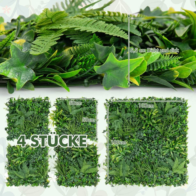 Set of 4 artificial hedge boxwood panels with diverse leaves, protective wall panels