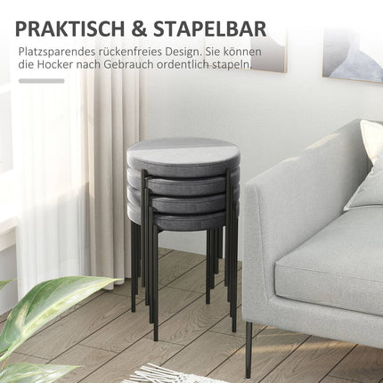 Velvet bench stools, padded seat, set of 4, steel grey
