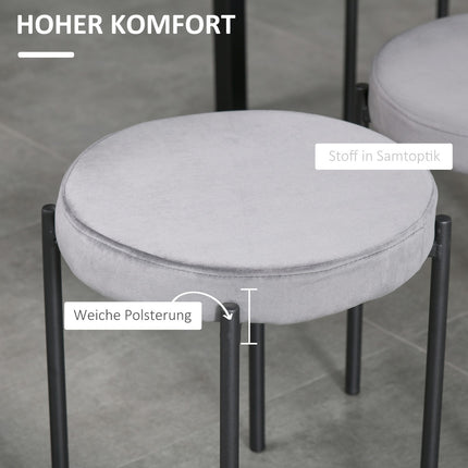 Velvet bench stools, padded seat, set of 4, steel grey