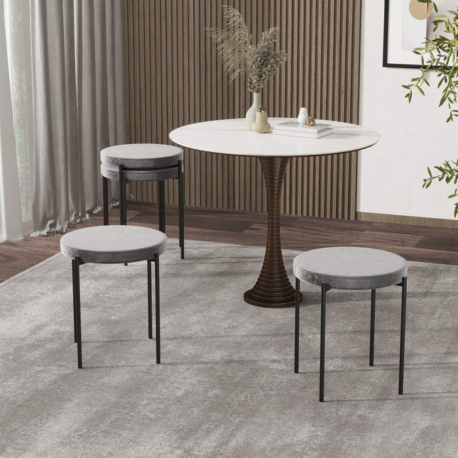 Velvet bench stools, padded seat, set of 4, steel grey