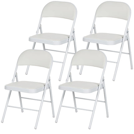 Folding Chairs Set of 4, White Faux Leather, Metal Frame