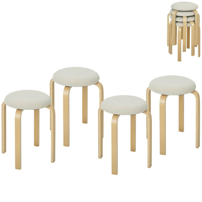 Set van 4 stapelbare gestoffeerde krukken, gelakt oppervlak, houten poten, crèmewit