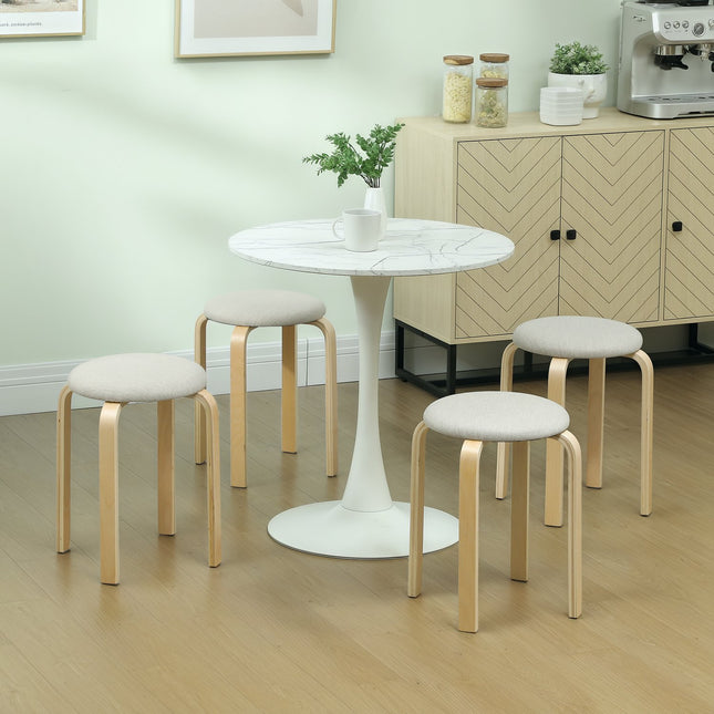 Set van 4 stapelbare gestoffeerde krukken, gelakt oppervlak, houten poten, crèmewit