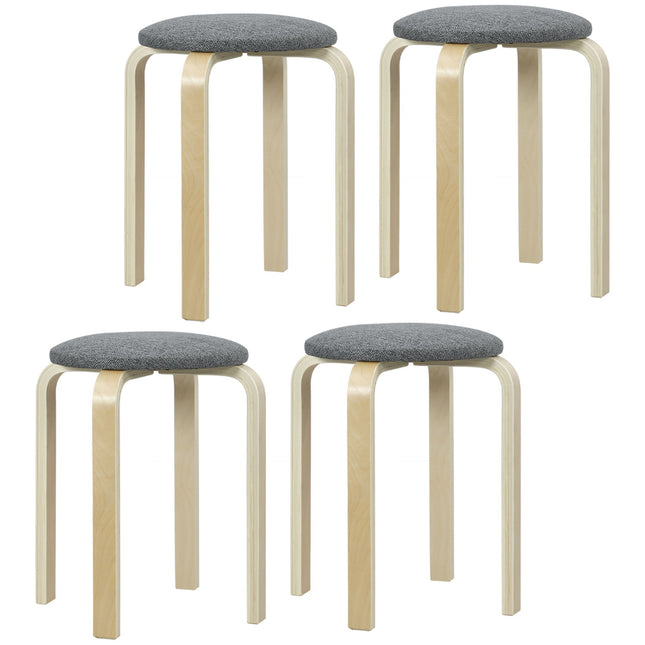 Set van 4 stapelbare gestoffeerde krukken, gelakt oppervlak, houten poten, grijs