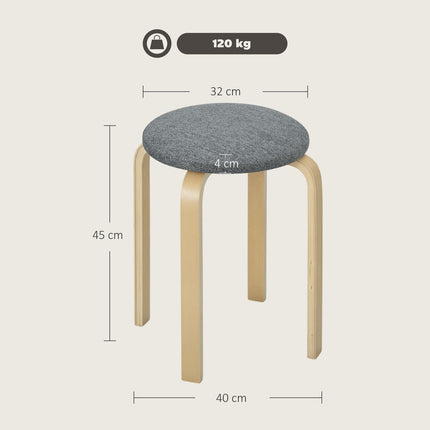 Set of 4 stackable upholstered stools, lacquered surface, wooden legs, grey