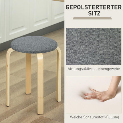 Set of 4 stackable upholstered stools, lacquered surface, wooden legs, grey