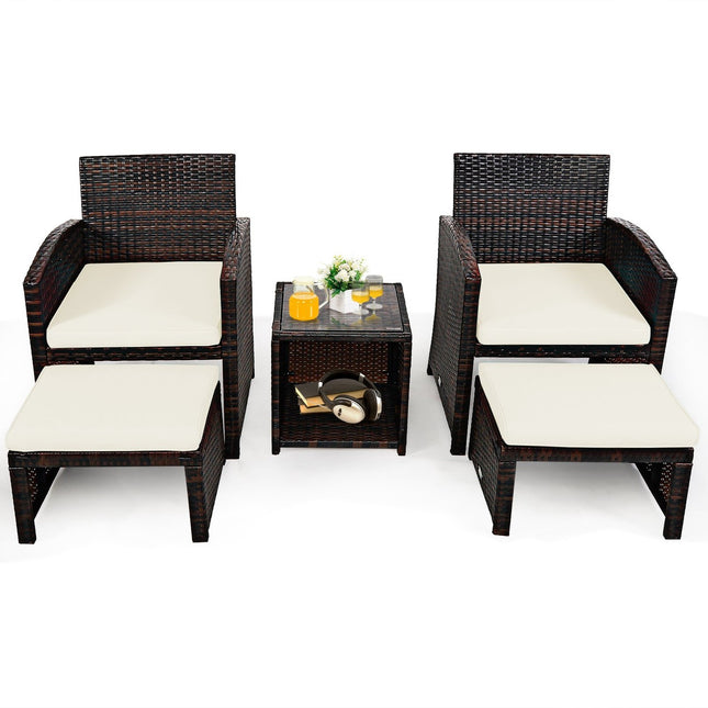 Set of 5 Rattan Set Furniture Balcony Set Garden Furniture Seating Group Brown + White