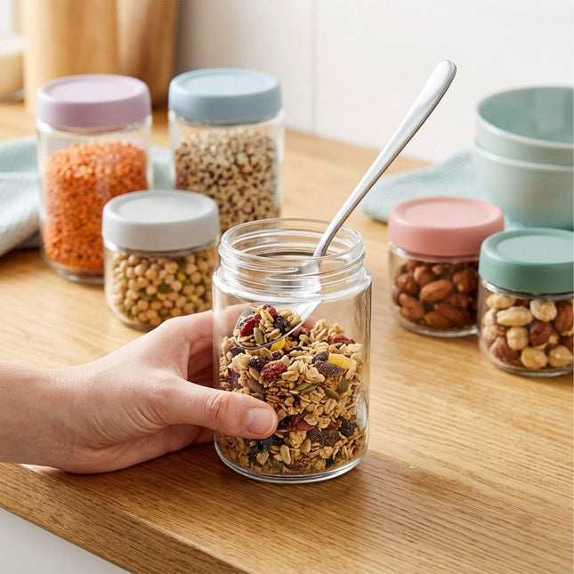 Set of 6 Glass Jam Jars with Pastel Lids, 350ml & 450ml